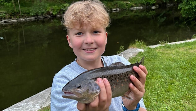 Samuel mit einer Bachforelle aus dem Pesenbach, der jetzt am Tag auch schon über 20 Grad hat.