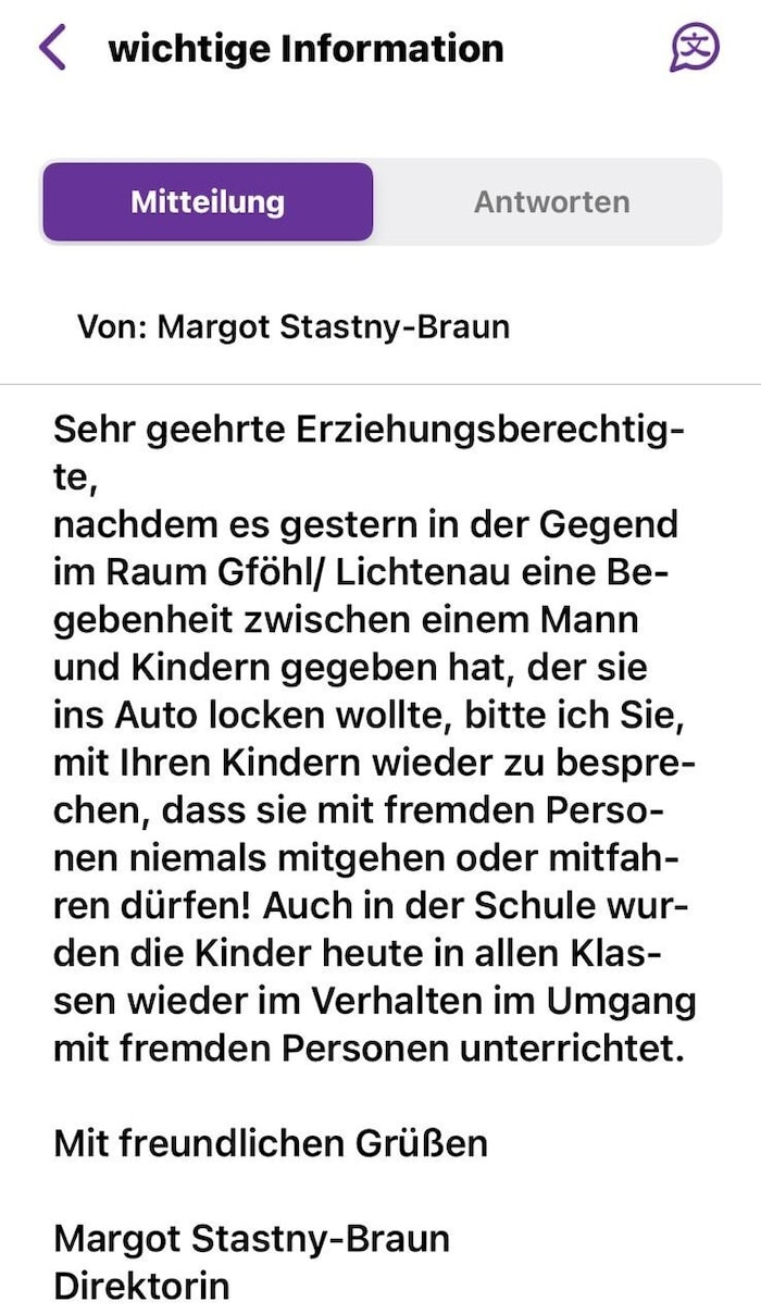Das Schreiben der Direktorin an die Eltern.