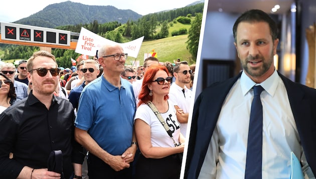 LHStv. Wohlgemuth, LH Mattle und LR Hagele inmitten der Demonstranten – das passt Georg Dornauer ...