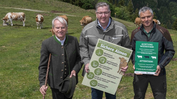 Rinder-Experte Rudi Grabner, Andreas Steinegger und Toni Hafellner mit den Verhaltensregeln auf ...