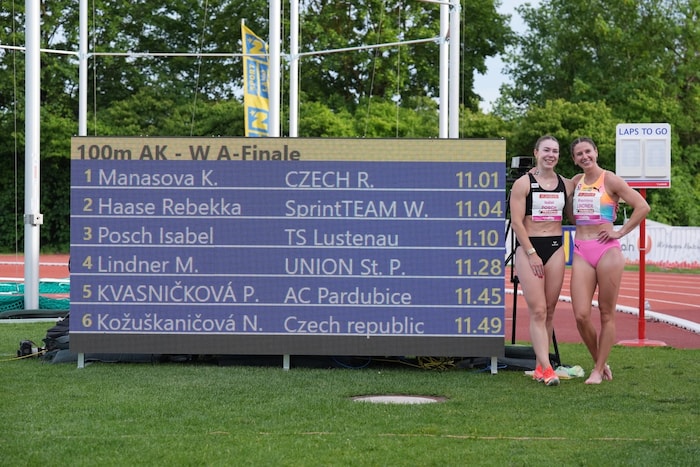 Österreichs Top-Sprinterinnen Isabel Posch (l.) und Leni Lindner mit der Rekord-Anzeigetafel