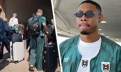David Alaba (re.) wirkte am Flughafen in Los Angeles trotz des langen Flugs topfit. Beim Hotel ...