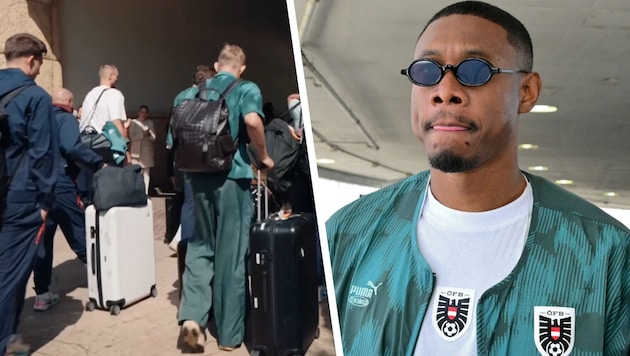 David Alaba (re.) wirkte am Flughafen in Los Angeles trotz des langen Flugs topfit. Beim Hotel ...