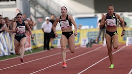 Mit 11:10 stellte Isabel Posch (Mitte) einen neuen österreichischen Rekord über die 100 Meter ...