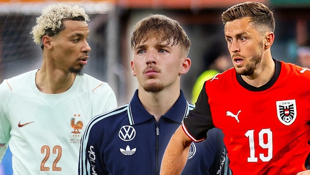 Christoph Baumgartner (re.), Lennart Karl (mi.) und Hugo Ekitike müssen bei der WM zusehen.