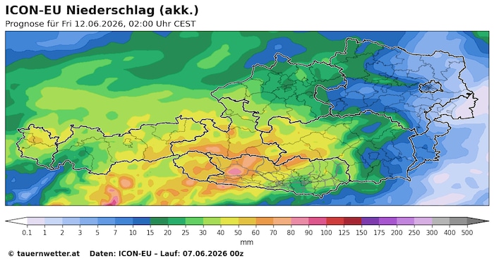 In gelb, orange, rot markierten Gegenden dürfte es am Freitag, 12. Juni, um 2 Uhr intensiver ...