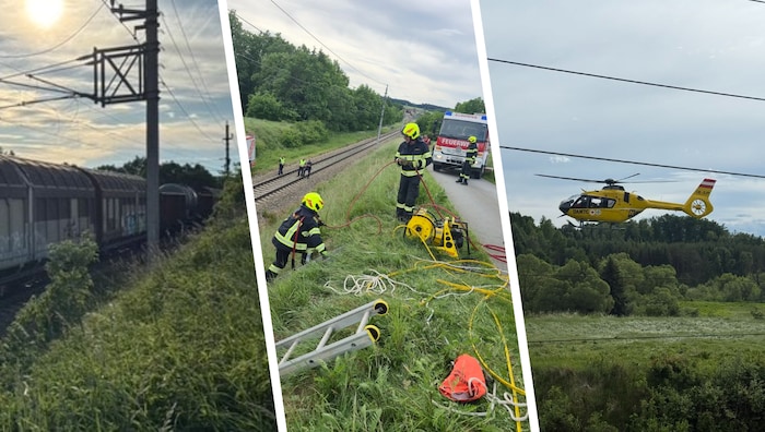 Dieser Güterzug (im Bild links) erfasste das Auto der dreiköpfigen Familie. Die Bergung des ...