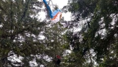 Der Mann blieb mit seinem Schirm in den Baumkronen hängen.