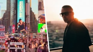 Werbung am Times Square: RAF Camora ist mit seinem neuen Album „Forever RR“ mitten in New York ...