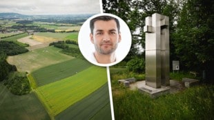 Auf dieser Wiese soll die Deponie errichtet werden. Nur unweit davon entfernt steht ein Denkmal, ...