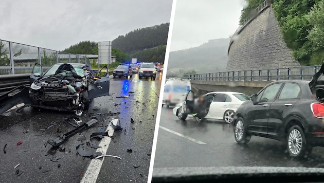 Der Auffahrunfall auf der A13 forderte vier Verletzte (links). Rechts im Bild der ...