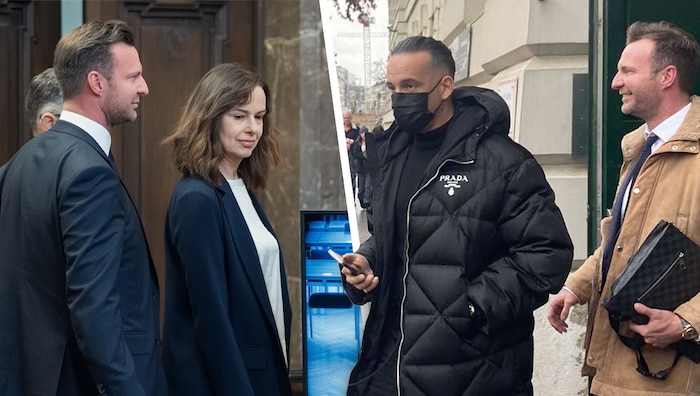 Anwalt Philipp Wolm mit seinen Mandanten Sophie Karmasin und RAF Camora