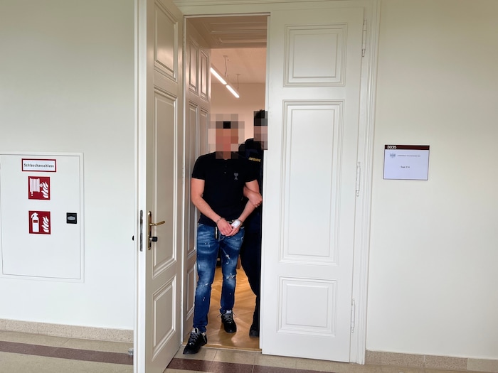 Der gebürtige Wiener (21) wird im Gericht mit Handschellen vorgeführt.