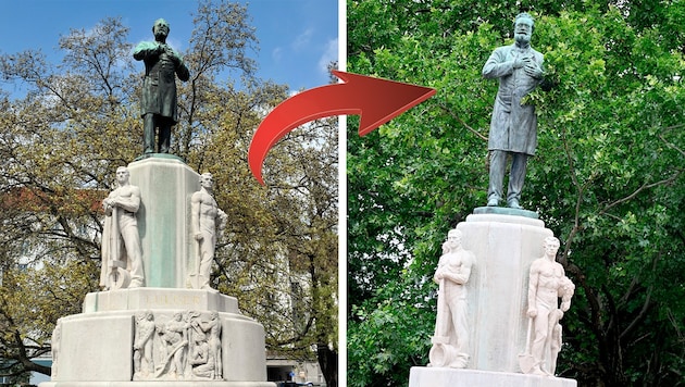 Künstler Klemens Wihlidal will mit der Statue in Schieflage einen „eingefrorenen Denkmalsturz“ ...