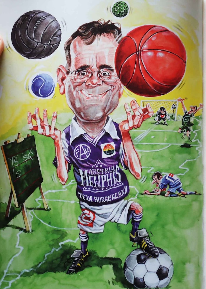 Niessl als Karikatur. Er ist glühender Fan des FK Austria Wien.