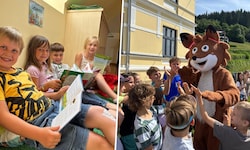 In der Leseecke tauchen die Schüler in spannende Abenteuer ein (li.). Am Schulhof begrüßten die ...