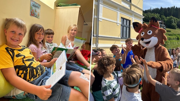In der Leseecke tauchen die Schüler in spannende Abenteuer ein (li.). Am Schulhof begrüßten die ...