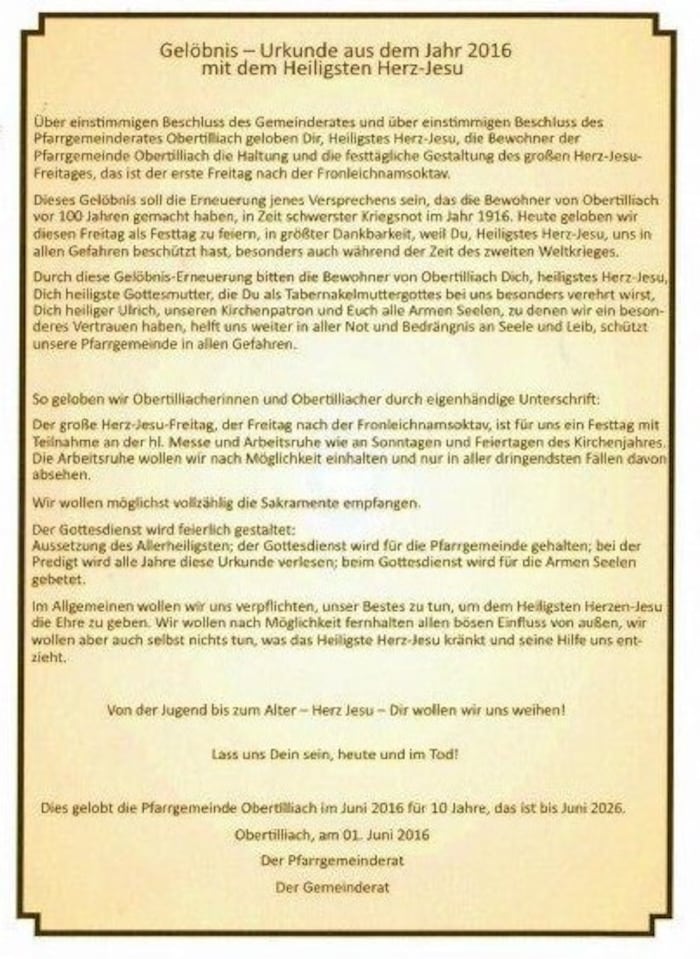 Die Gelöbnis-Urkunde aus 2016. Alle zehn Jahre wird das Gelöbnis vom Pfarr- und vom politischen ...