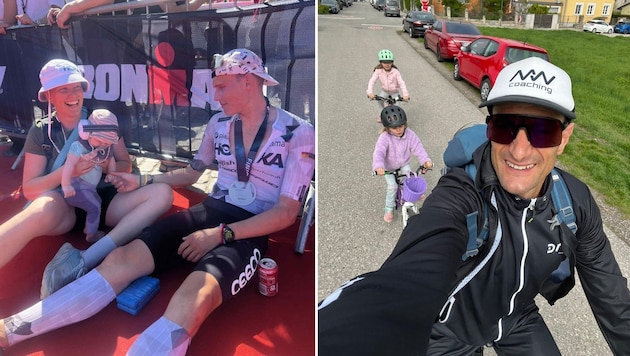 Familienmenschen: Michi Weiss (rechts mit Maya und Lola) sowie Mathias Petersen (links mit ...