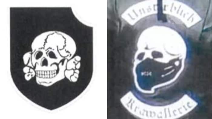 Links: Das Truppenkennzeichen der 3. SS-Panzer-Division. Rechts: Das Gruppenlogo der Hooligans ...