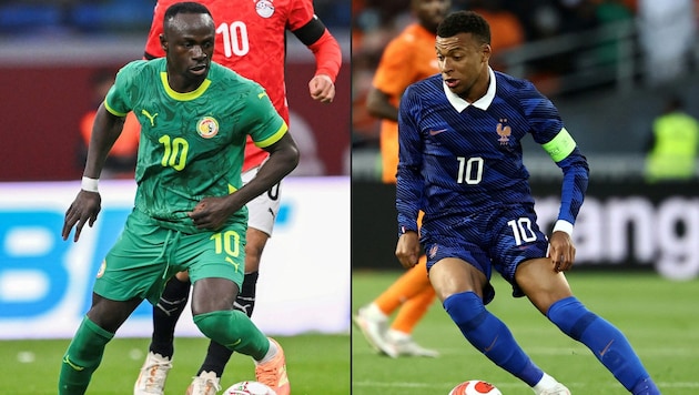 Sadio Mane (l.) trifft auf Kylian Mbappe (r.).