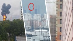 Links ist die brennende Ölraffinerie zu sehen, in der Mitte im roten Kreis hervorgehoben eine ...