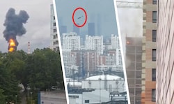 Links ist die brennende Ölraffinerie zu sehen, in der Mitte im roten Kreis hervorgehoben eine ...