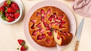 Am besten schmeckt der Kuchen, wenn er ganz frisch ist. Die Erdbeeren geben nämlich schnell Saft ...