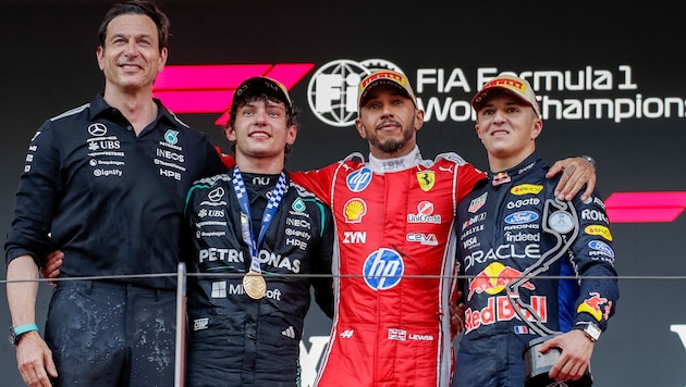 Toto Wolff, Kimi Antonelli, Lewis Hamilton, Isack Hadjar