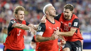 Marko Arnautovic (Mitte) und Romano Schmid (rechts) trafen gegeen Jordanien, damit trafen beide ...
