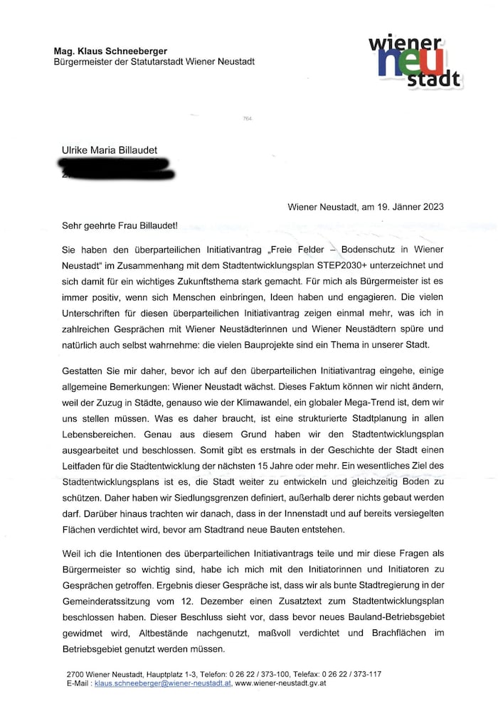 Dieser Informationsbrief wurde 2023 an alle jene 1800 Wiener Neustädter verschickt, die einen ...