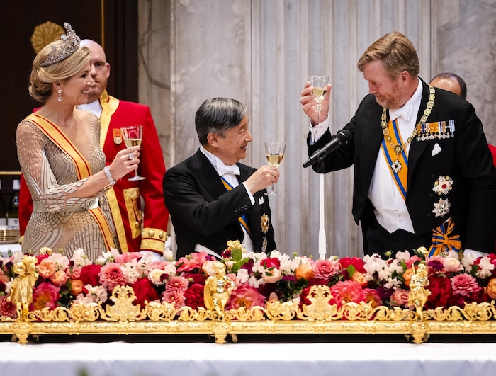 Das niederländische Königspaar stieß mit Japans Kaiser Naruhito an.