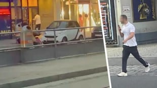 Das Video zeigt, wie der Busfahrer (re.) über die Simmeringer Hauptstraße ins Wettlokal läuft.