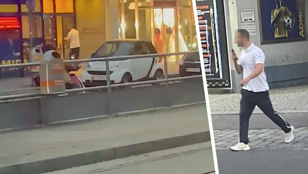 The video shows the bus driver (right) walking across Simmeringer Hauptstraße toward the betting ...