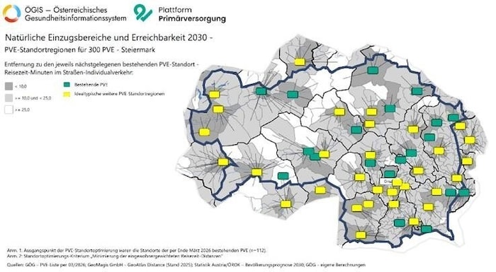 Diese Karte zeigt, wo in der Steiermark neue Primärversorgungszentren entstehen können (gelbe ...