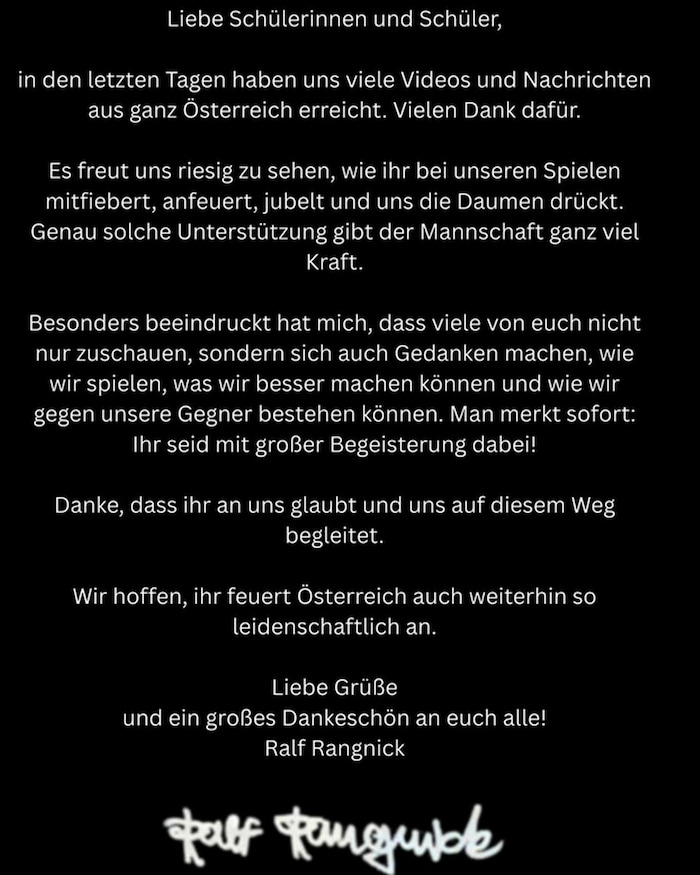 Ralf Rangnick richtet emotionale Dankesworte an die Schülerinnen und Schüler Österreichs.