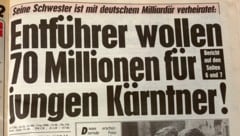 Alte „Krone“-Schlagzeile über den Aufsehen erregenden Entführungsfall im Hause Flick.