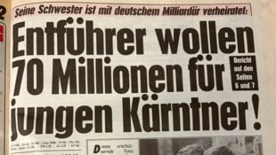 Alte „Krone“-Schlagzeile über den Aufsehen erregenden Entführungsfall im Hause Flick.