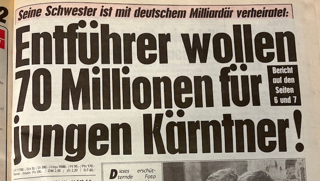 Alte „Krone“-Schlagzeile über den Aufsehen erregenden Entführungsfall im Hause Flick.