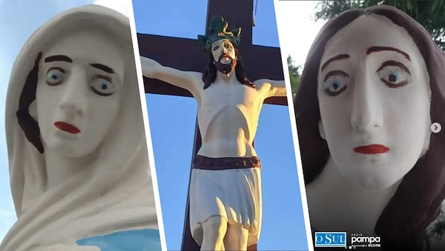 Mehrere Statuen haben eine bunte Gesichtsbemalung bekommen.