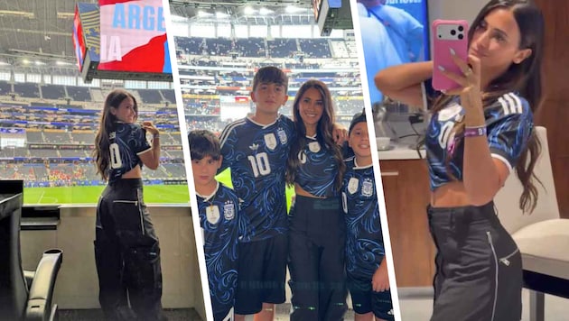 Antonella Roccuzzo und die „Messi-Burschen“ waren in Dallas gegen Österreich live dabei.