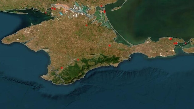 Satellitendaten der NASA zeigen die Brände auf der Krim in den letzten 24 Stunden.