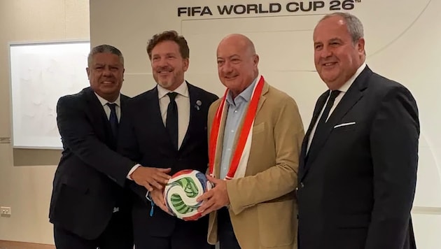 Der Kanzler (mit ÖFB-Chef Pröll, links) furh mit zehn Mitarbeitern zum WM-Spiel – ist das ...
