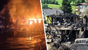 Das Flammeninferno (li.) sorgte für einen Totalschaden der Gebäude. 