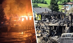 Das Flammeninferno (li.) sorgte für einen Totalschaden der Gebäude. 