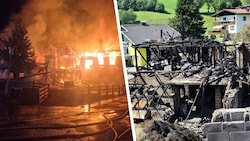 Das Flammeninferno (li.) sorgte für einen Totalschaden der Gebäude. 