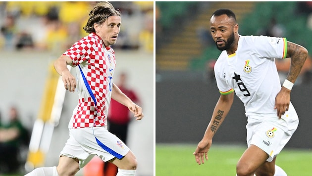 Luka Modrić muss mit seinen Kroaten gegen Ghana mit Jordan Ayew ran …
