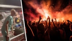 Wütende Besucher der „Defqon.1“ randalieren nach der Absage am Festival-Gelände (l.). 