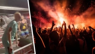 Wütende Besucher der „Defqon.1“ randalieren nach der Absage am Festival-Gelände (l.). 