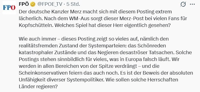 Auch die FPÖ macht sich über Kanzler Friedrich Merz lustig.